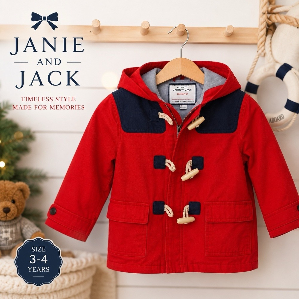 Janie and Jack Red Toggle Hooded Duffle Coat Jacket Toddler 3-4 Nautical Preppy